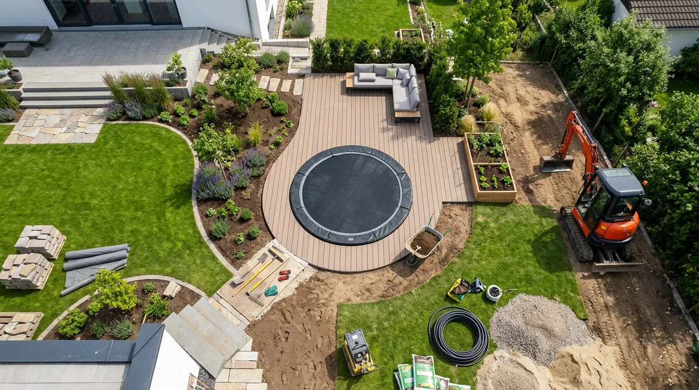 Bodentiefes Trampolin in die Gartenplanung integrieren: Design-Ideen und Landschaftsgestaltung